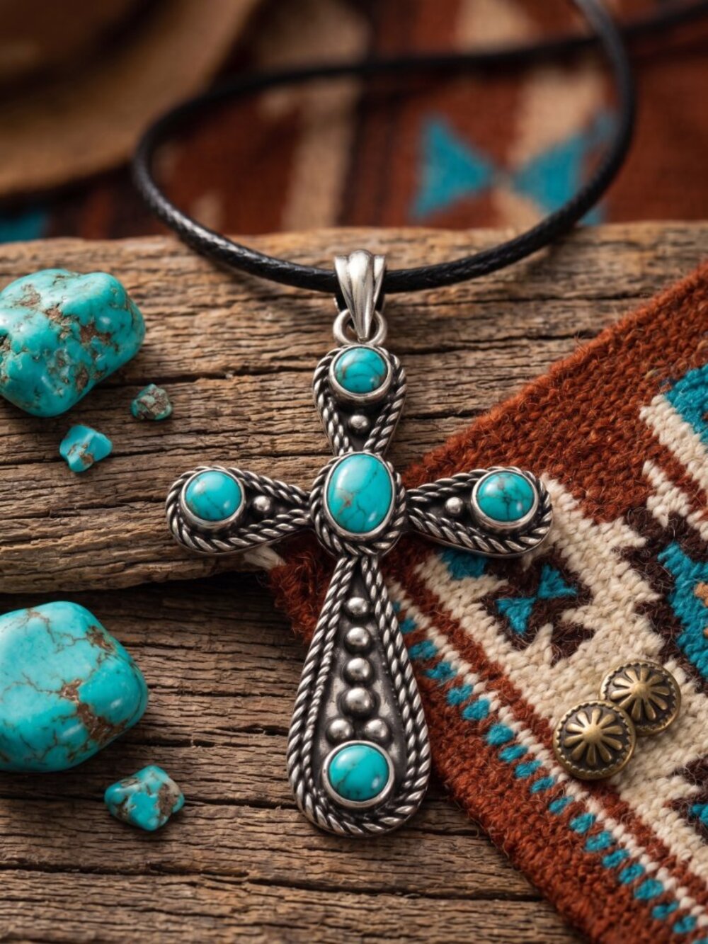 Turquoise Cross Pendant Necklace 925 Sterling Silver Western Leather Cord 17-19"